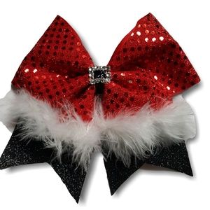 Hair Bow Santa Red Sequins Black and Fur Lined Bow